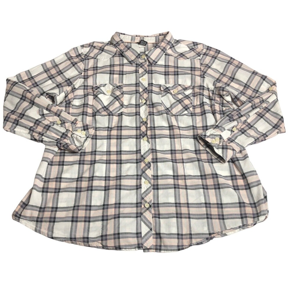 Torrid Plaid Shirt Womens 2 2X Lightweight Western Button Up Roll Tab Pink Gray